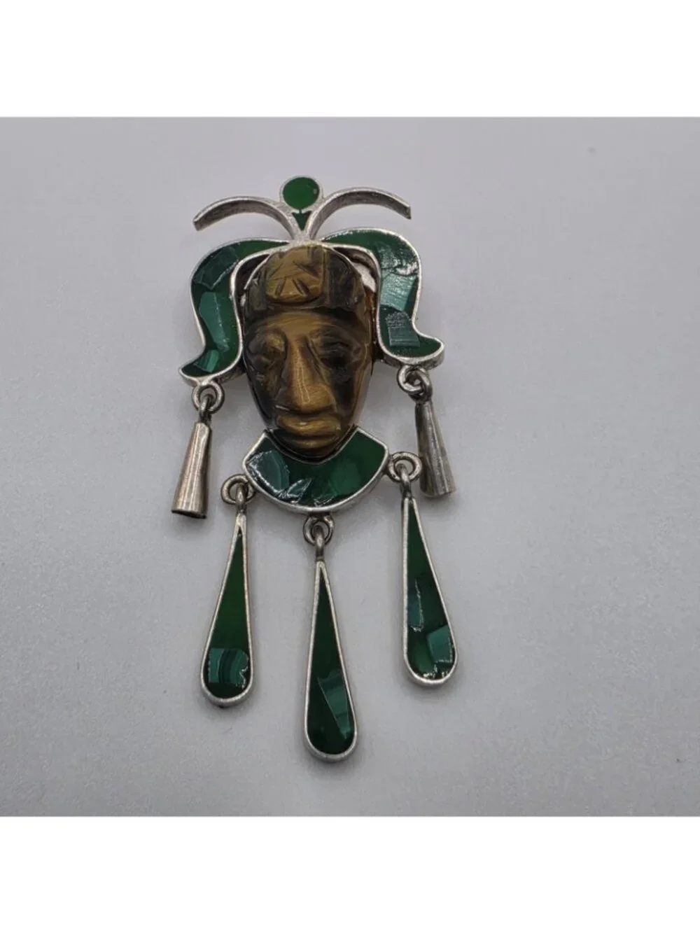 Vintage Taxco Mexico 925 Sterling Silver Malachite Tiger Eye Mask Brooch Pin
